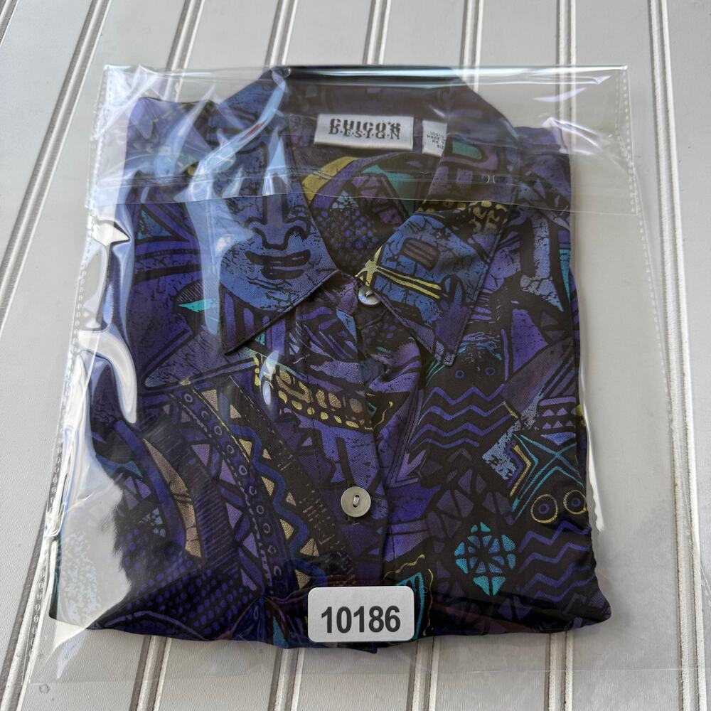 Chico's Design blouse 100% silk purple and blue artistic pattern Size XS - Picture 9 of 9